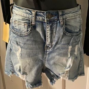 Distressed denim shorts